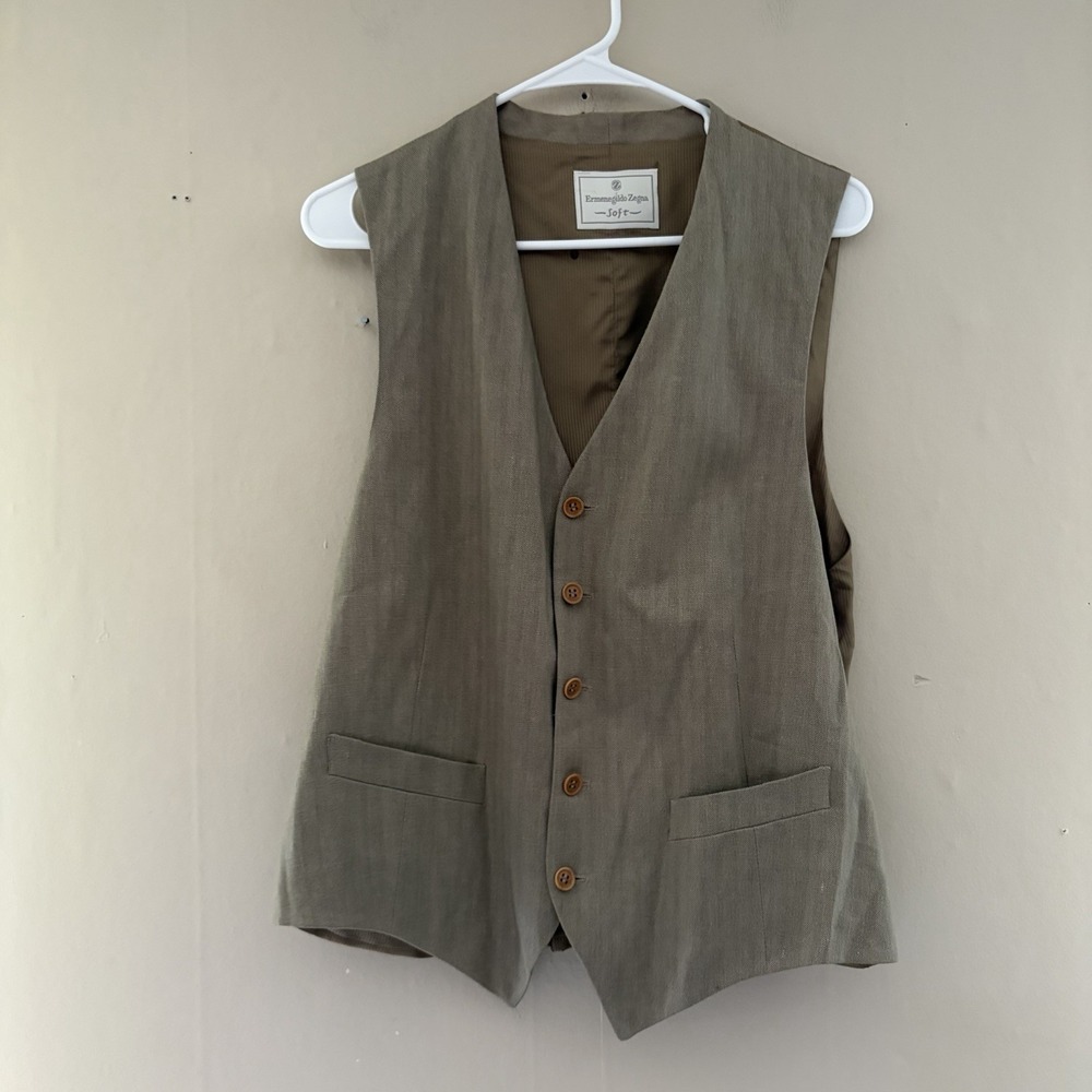 VTG Ermenegildo Zegna Herringbone Linen Wool Waistcoat IT 52R US 42R Formal Gray